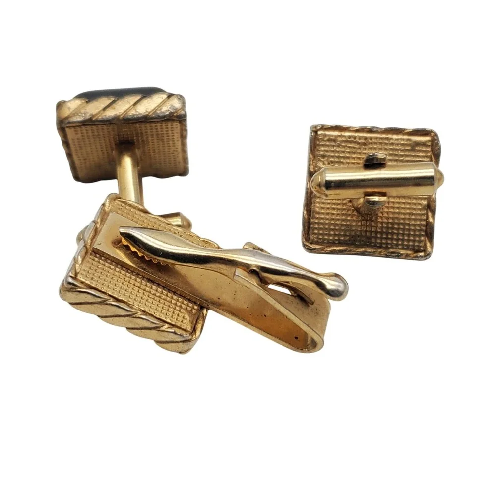 Dark Gray Square Cufflinks & Tie Clip Gold Tone Bar Clasp Faux Moonglow Vtg Set